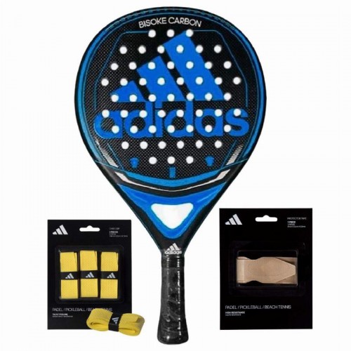 Pack Pala Adidas Bisoke Carbon Azul con Overgrips y Protector Pack Pala Adidas Bisoke Carbon Azul con Overgrips y Protector